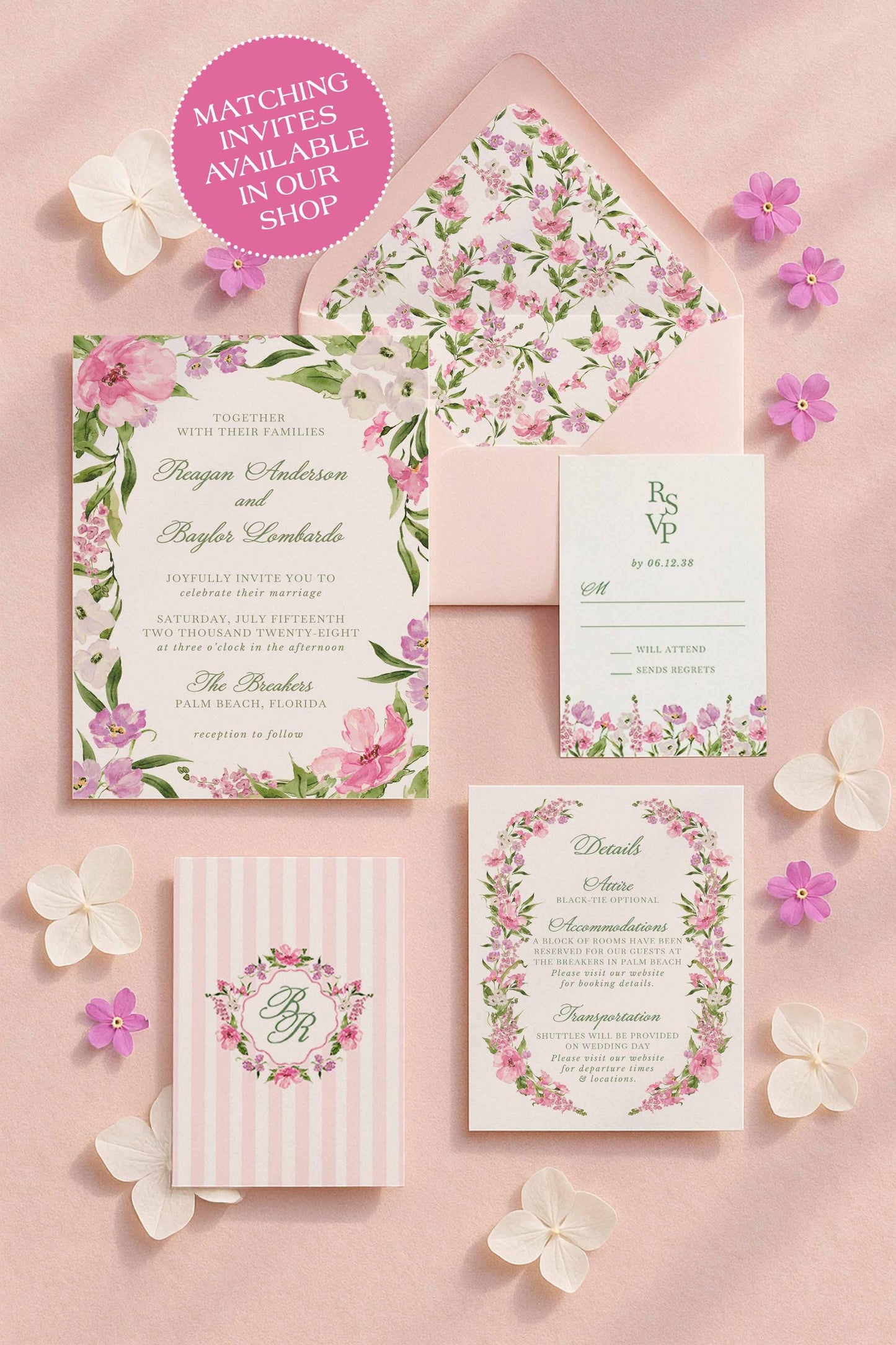 a wedding invitation suite with a floral design, including a pink and white floral pattern, and various stationery items such as an envelope, RSVP card, and RSVP card.