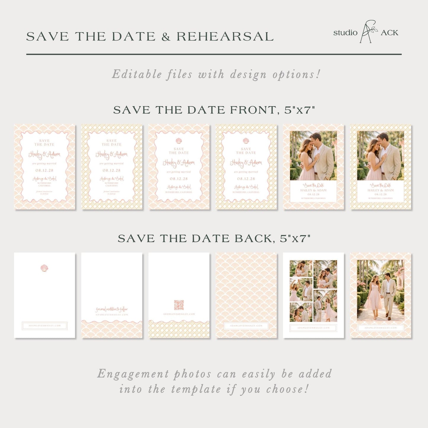a collection of save the date and rehearral cards, each with different designs and layouts. The cards are designed to be used for engagement photos, allowing users to easily add their own photos to the template. The cards feature various patterns and designs, and the text provides instructions on how to use the cards to save the date and rehearse for the wedding.