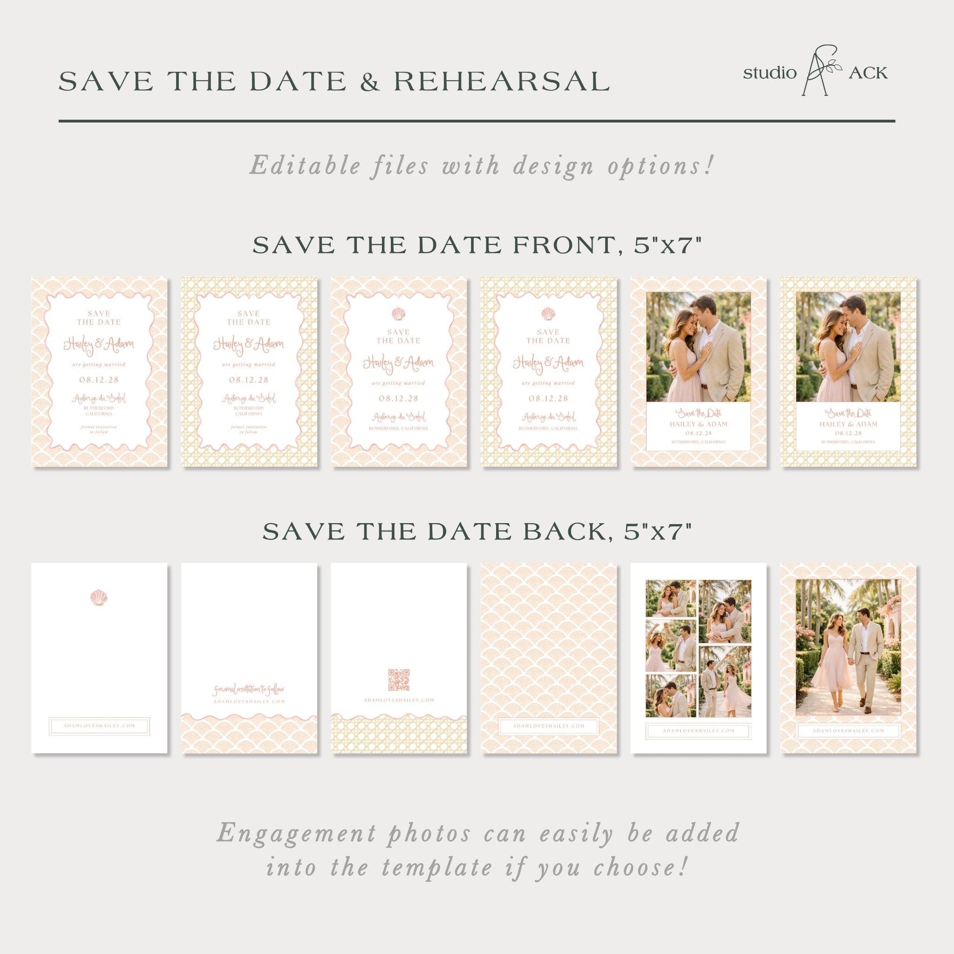 a collection of save the date and rehearral cards, each with different designs and layouts. The cards are designed to be used for engagement photos, allowing users to easily add their own photos to the template. The cards feature various patterns and designs, and the text provides instructions on how to use the cards to save the date and rehearse for the wedding.