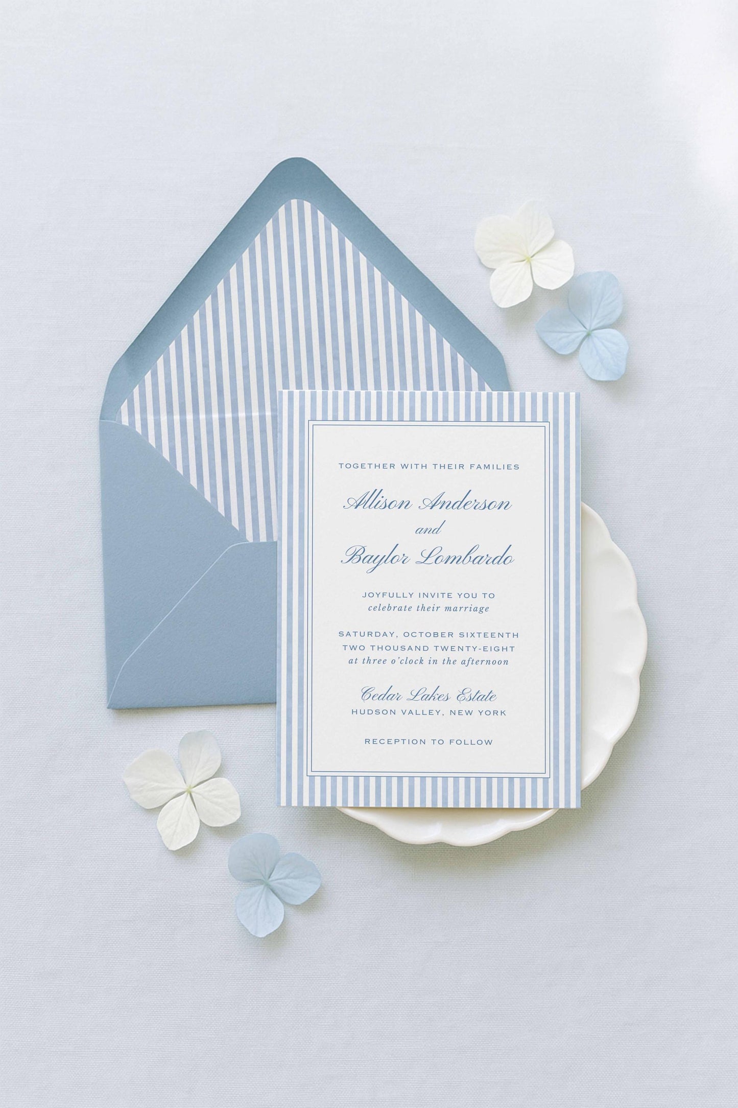 Blue Striped Wedding Invitation Suite Template