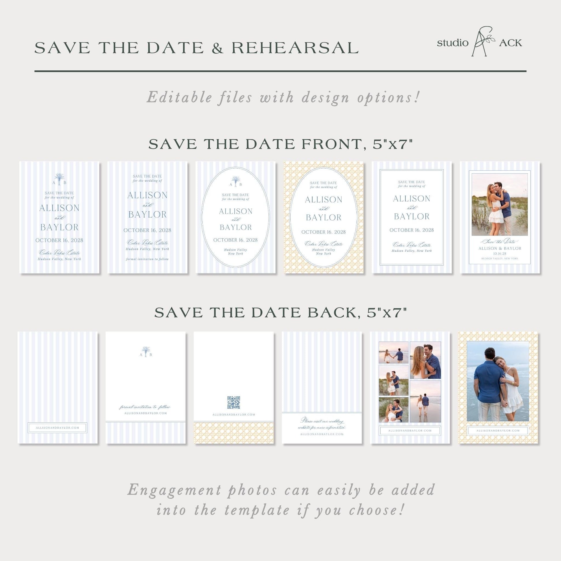a collection of wedding invitation cards with the text "Save the Date" and "Save the Date Back" instructions. The cards are designed to be used as engagement photos, allowing users to easily add their own photos to the template.