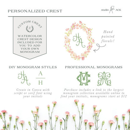 The image is a collage of various images related to personalized crest designs, including a hand-painted floral monogram, a DIY monogram style, and a professional monogram style. The images showcase different ways to create a personalized crest design, such as using a script or serif font and including a watercolor design. The images also highlight the customization options available for the design, such as adding initials and purchasing a larger monogram collection.
