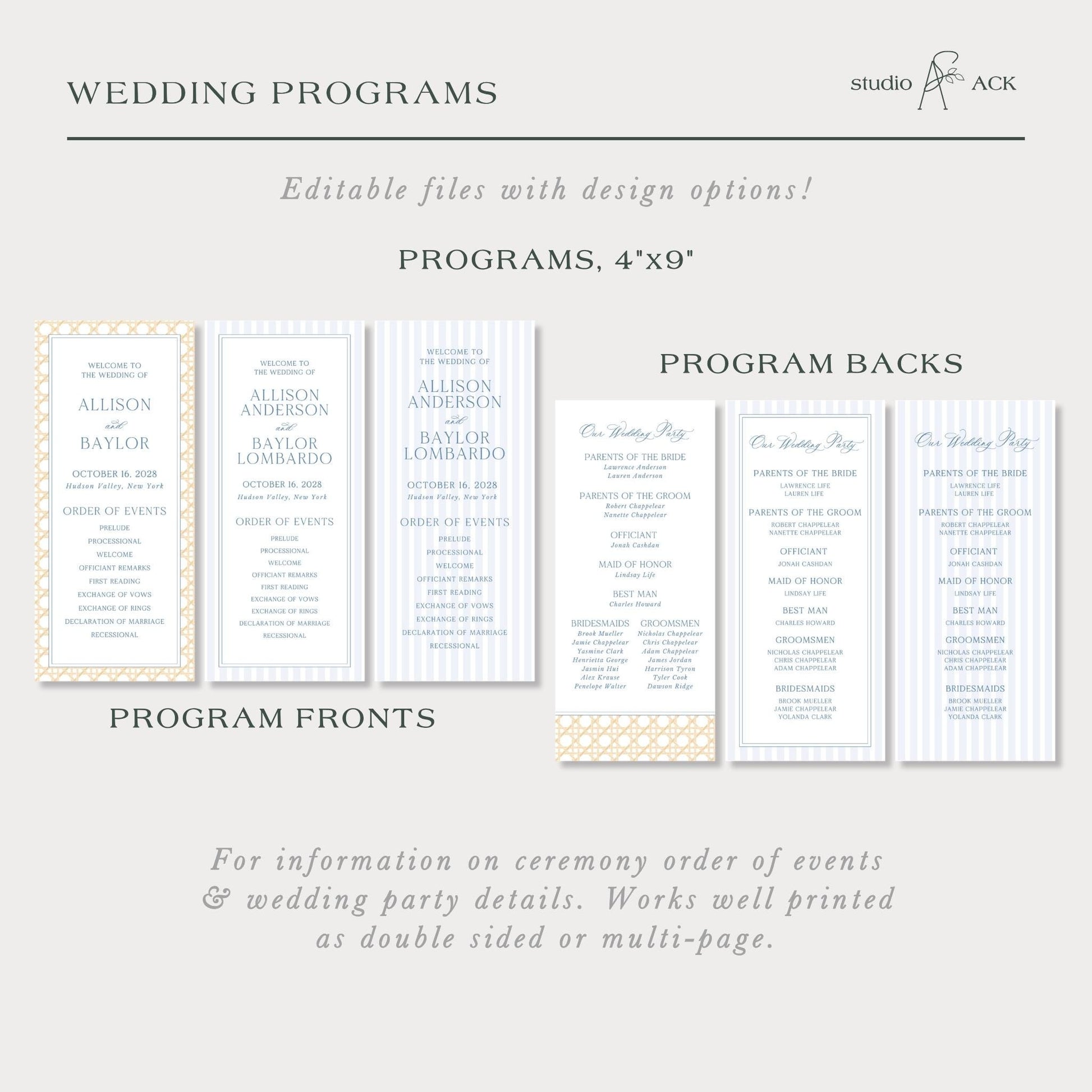 a collection of wedding programs, including program backs and program fronts, with various designs and layouts.