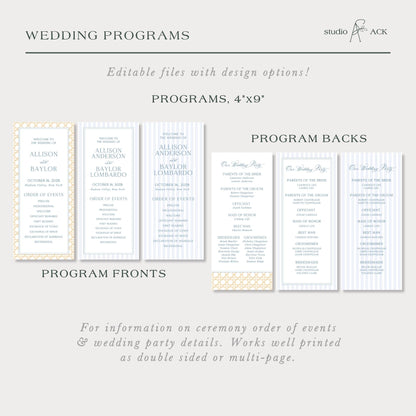 a collection of wedding programs, including program backs and program fronts, with various designs and layouts.