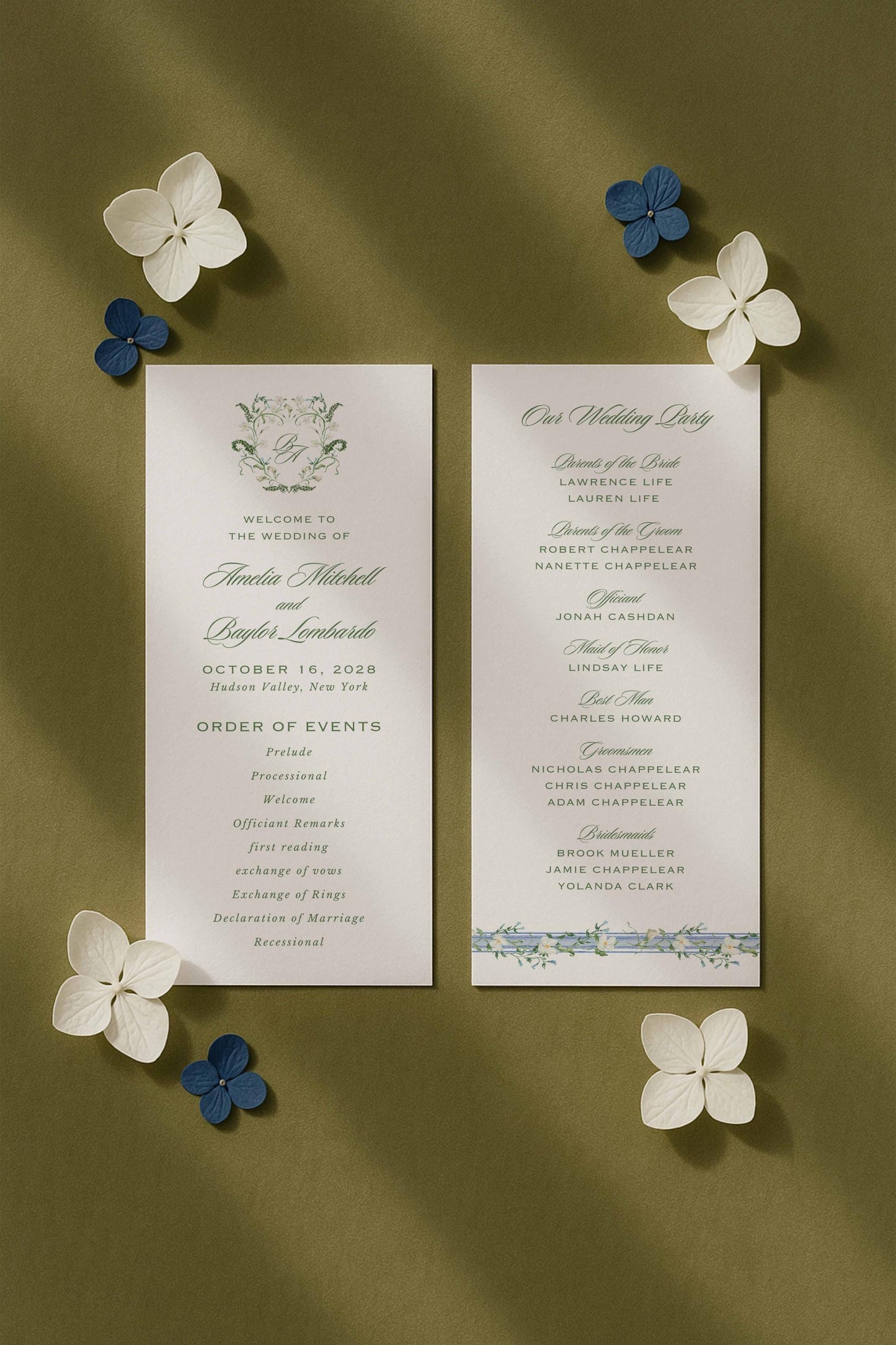 Blue, White & Green Wedding Program Template