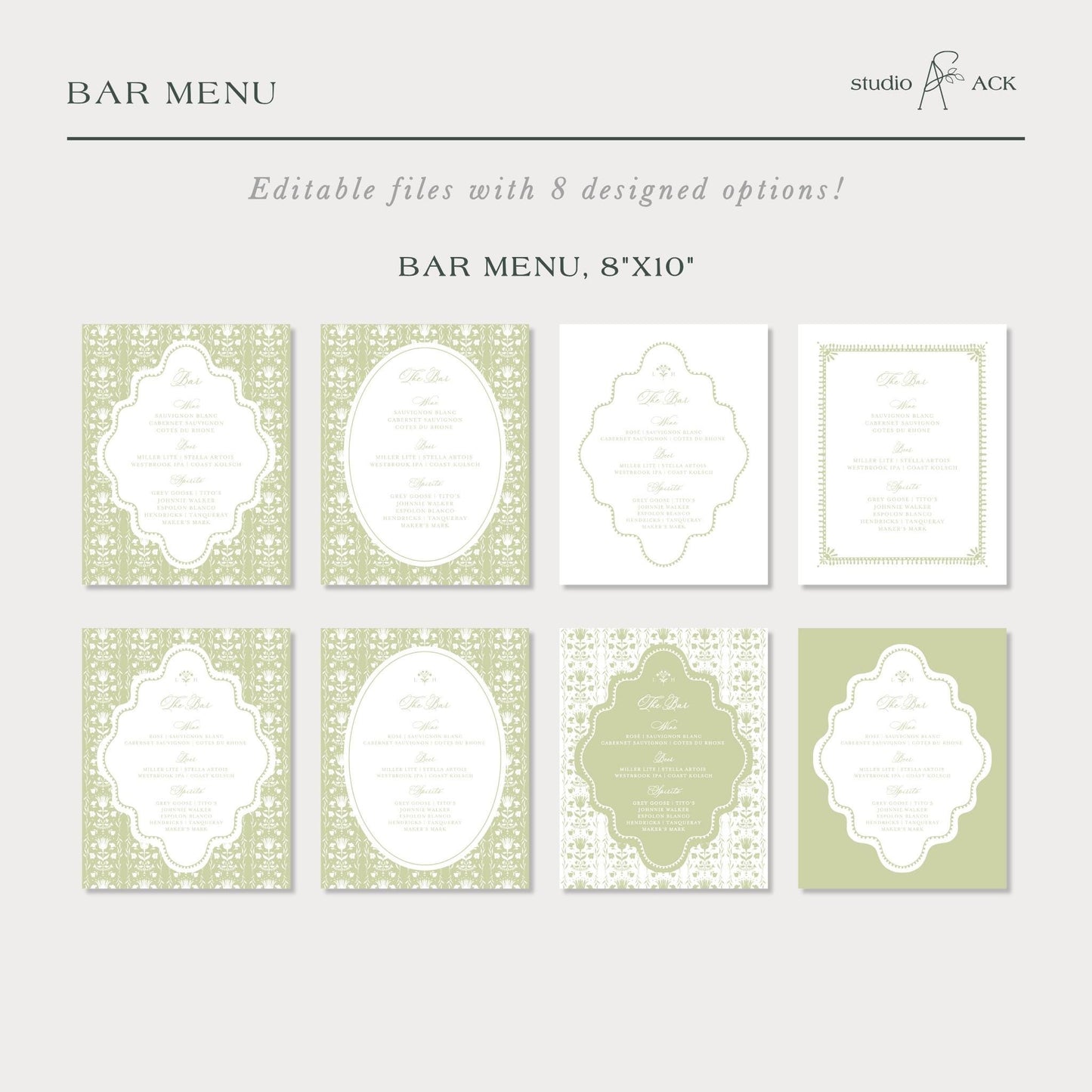 a collection of six different bar menu designs, each with a unique layout and color scheme. The bar menu options are editable and can be customized with various designs and fonts to create a visually appealing and personalized menu.