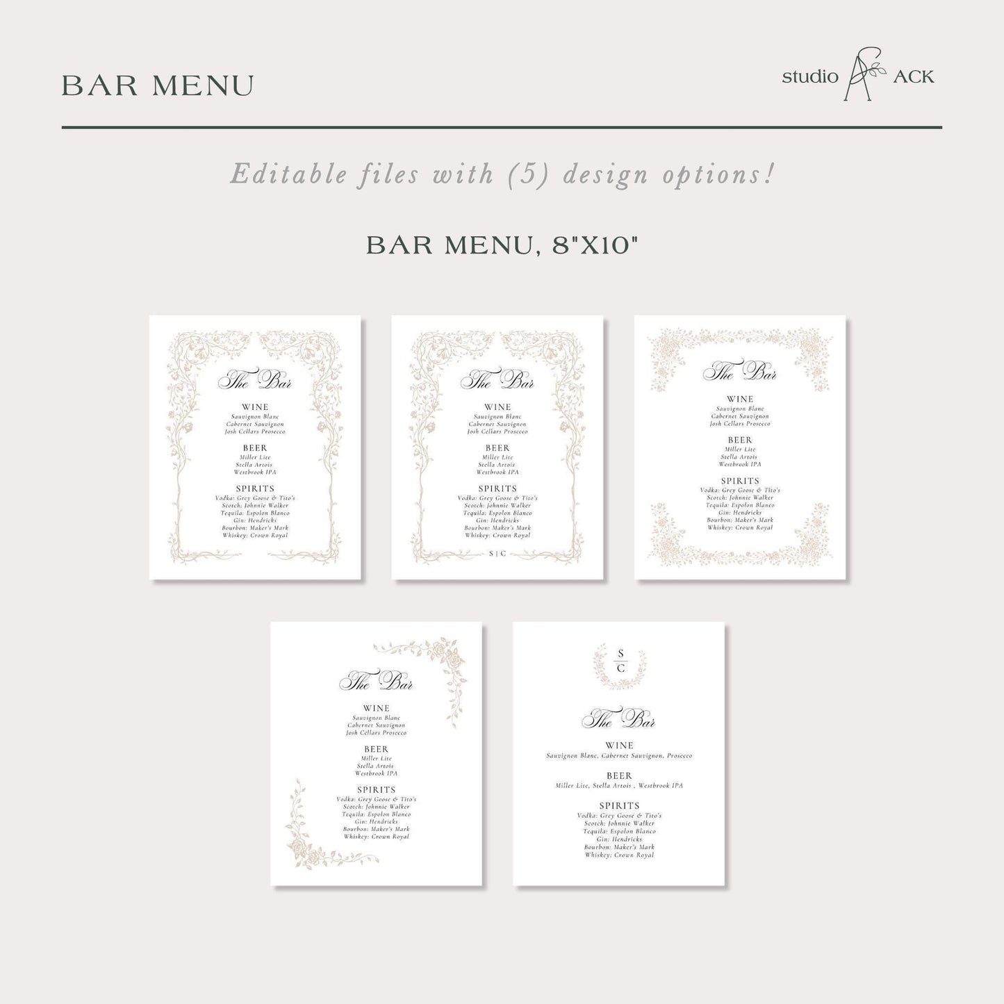 Neutral Floral Line Art Wedding Bar Menu Template