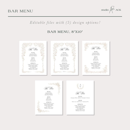 Neutral Floral Line Art Wedding Bar Menu Template