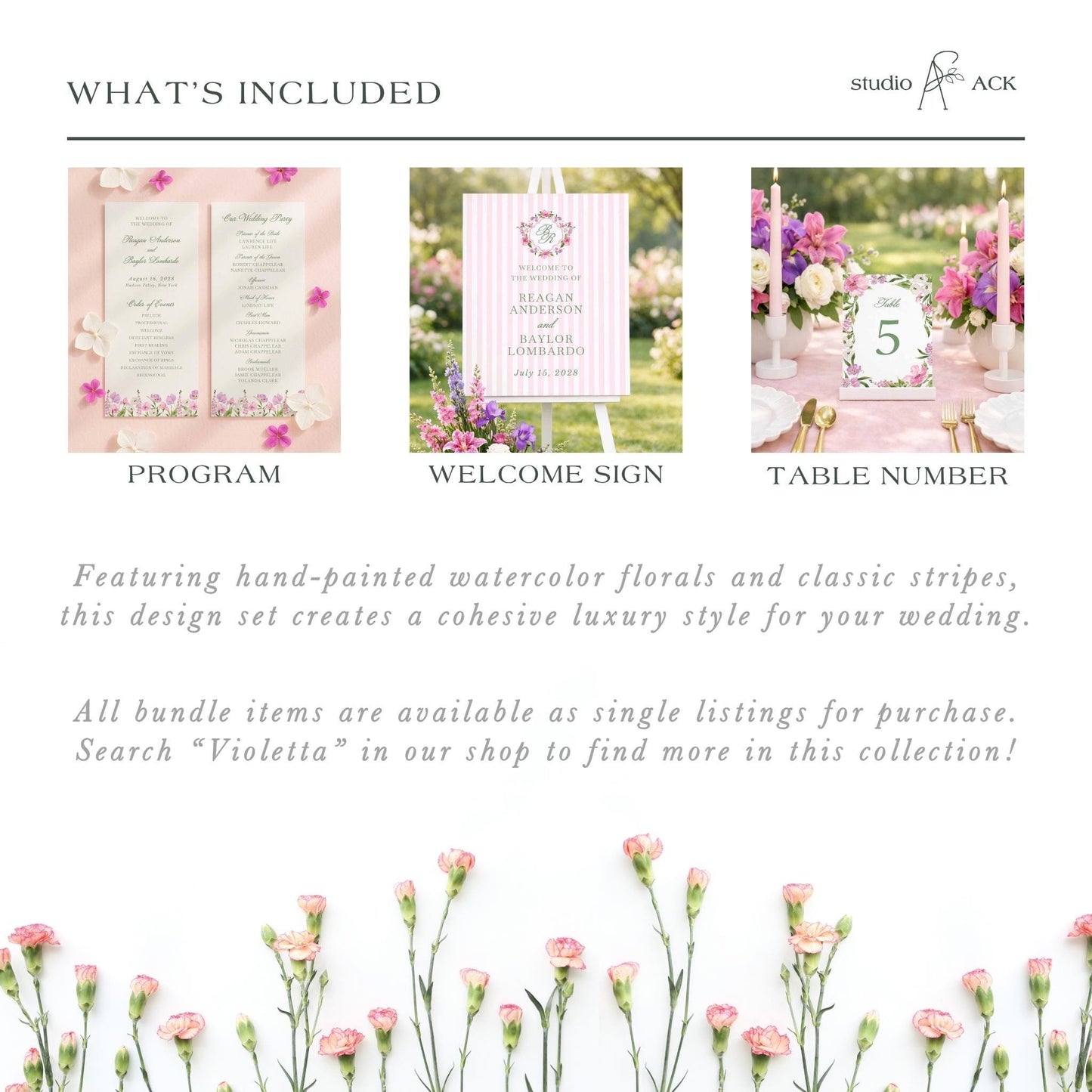 The image is a collage of three different wedding-related images, including a wedding program, a welcome sign, and a table number.