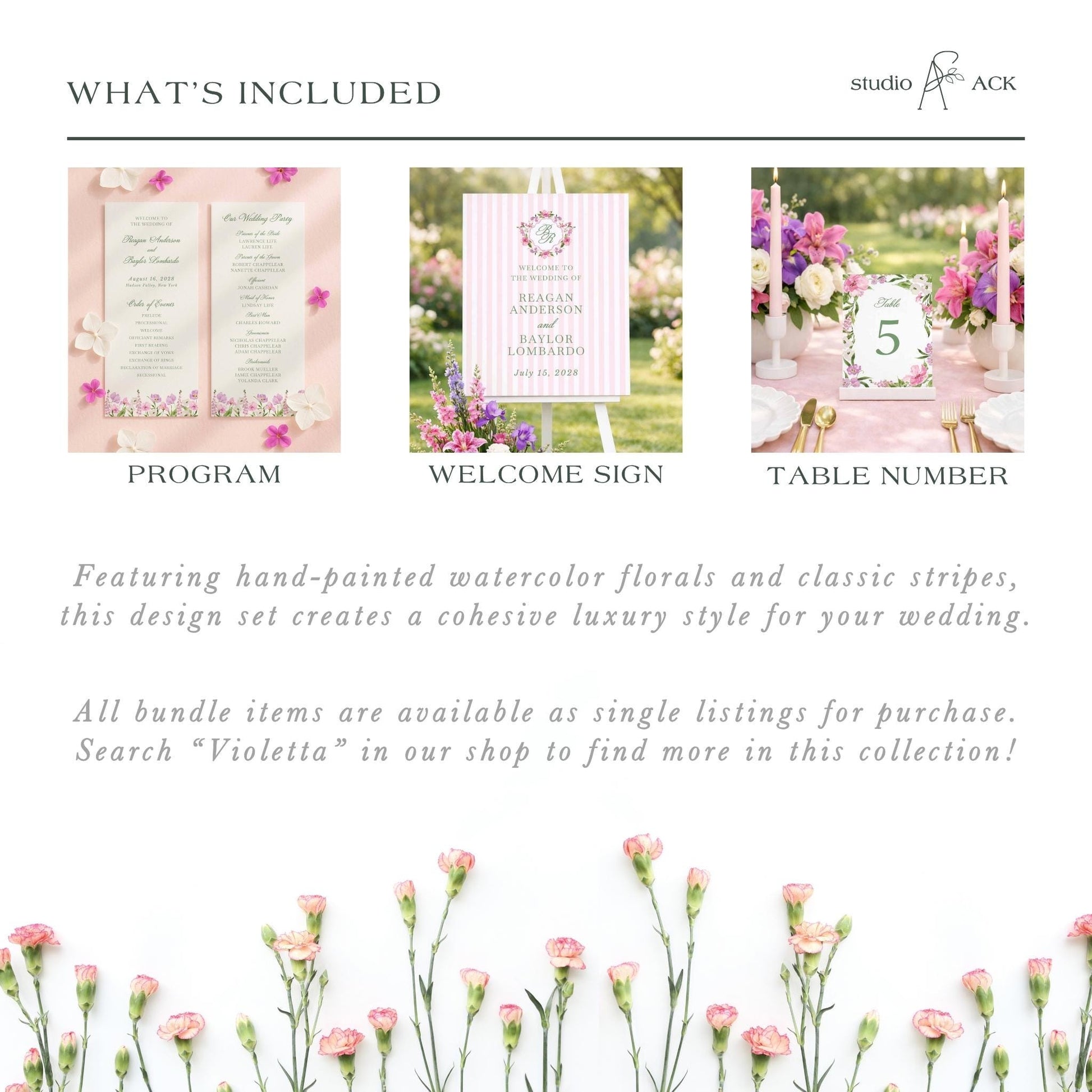 The image is a collage of three different wedding-related images, including a wedding program, a welcome sign, and a table number.