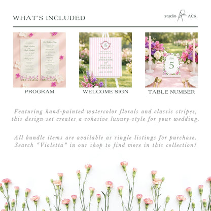 The image is a collage of three different wedding-related images, including a wedding program, a welcome sign, and a table number.