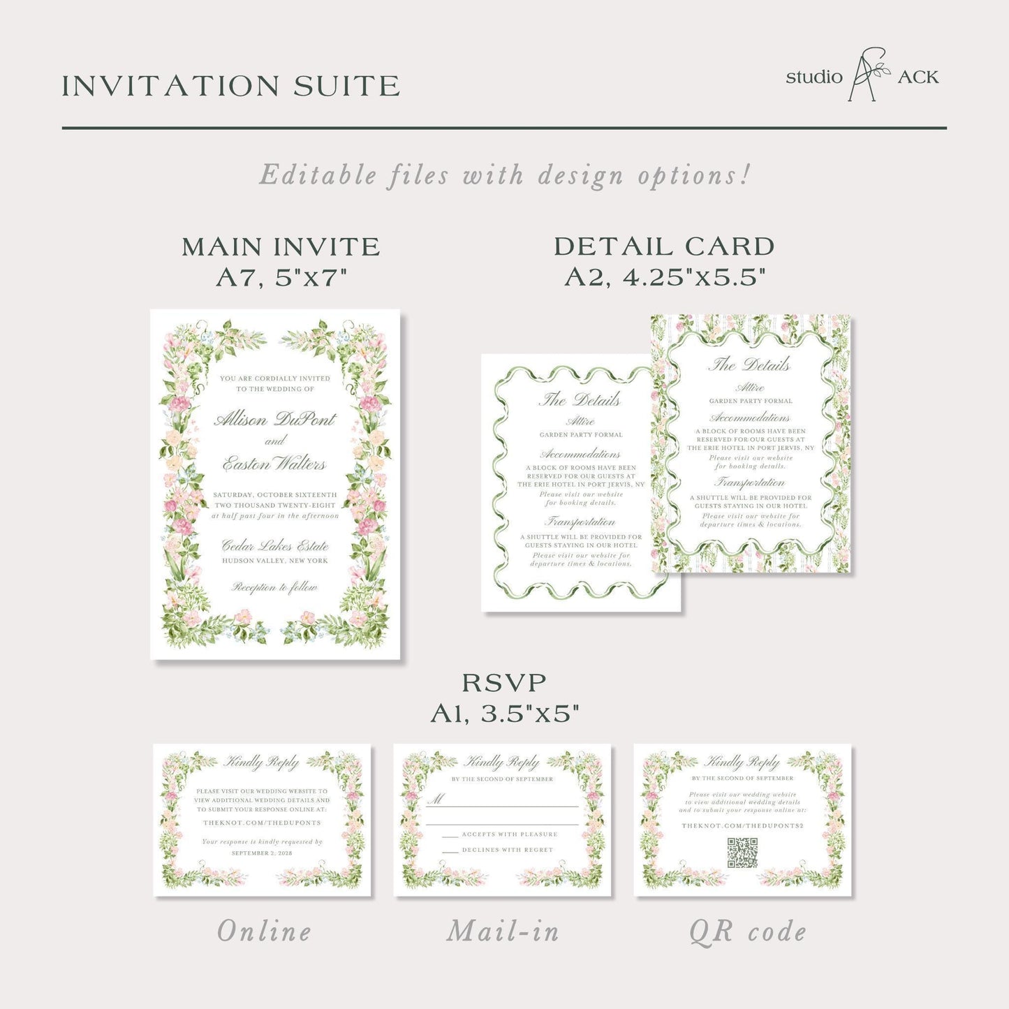 Detailed breakdown of wedding invitation suite sizes and design options, including A7 main invite, A2 details card, and A1 RSVP variations with watercolor florals.