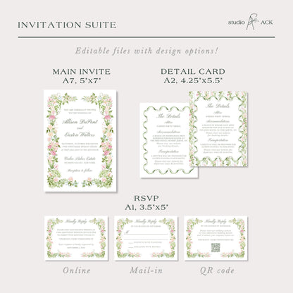 Detailed breakdown of wedding invitation suite sizes and design options, including A7 main invite, A2 details card, and A1 RSVP variations with watercolor florals.