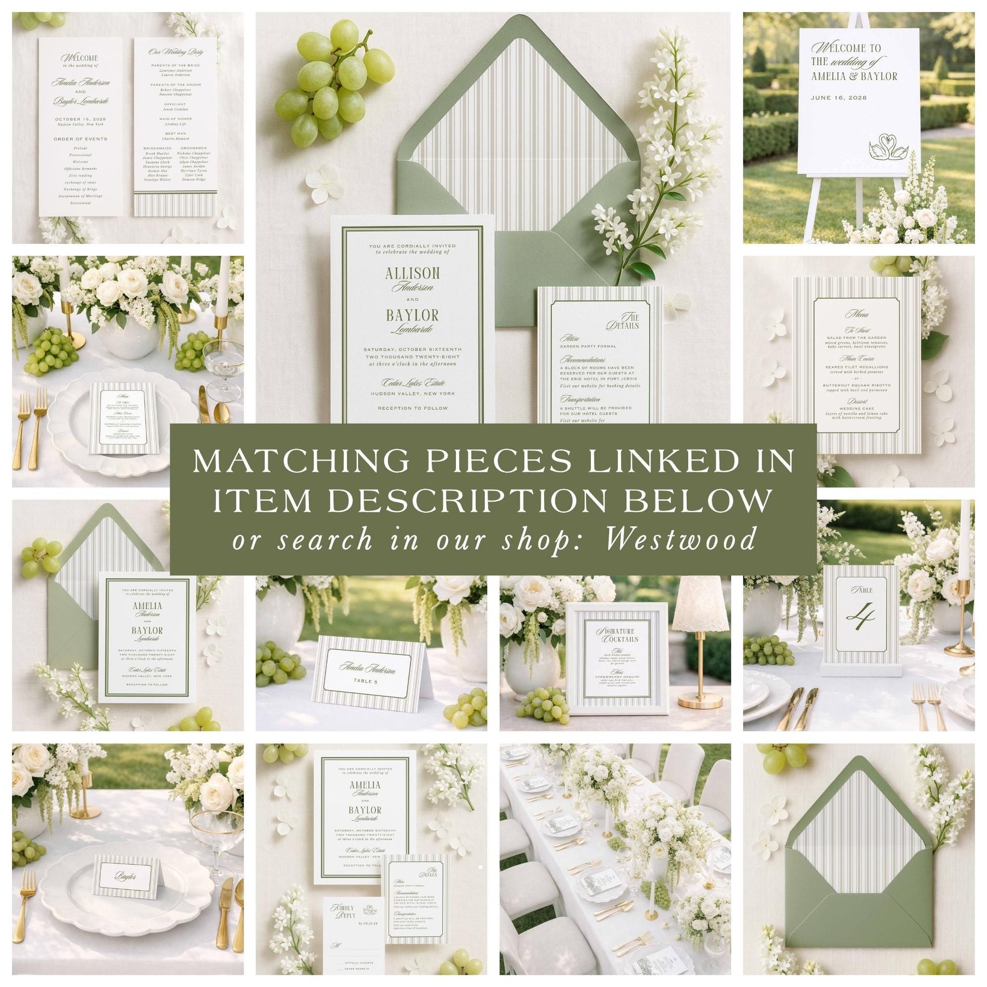 The image is a collage of various wedding-related items, including invitations, stationery, floral arrangements, and table settings, all set against a white background.