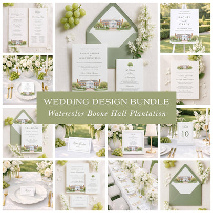 The image is a collage of wedding-related images, including the wedding invitation, table settings, floral arrangements, and other decorative elements. The overall theme of the collage is wedding design, with a focus on the watercolor boone hall plantation.