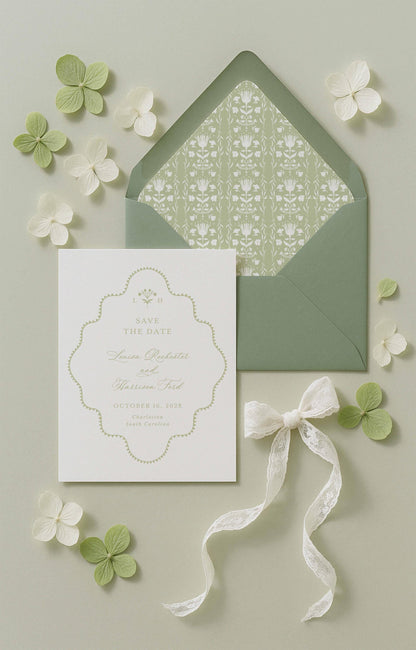 a wedding invitation card with a lace bow, surrounded by white flowers and green leaves on a light background.