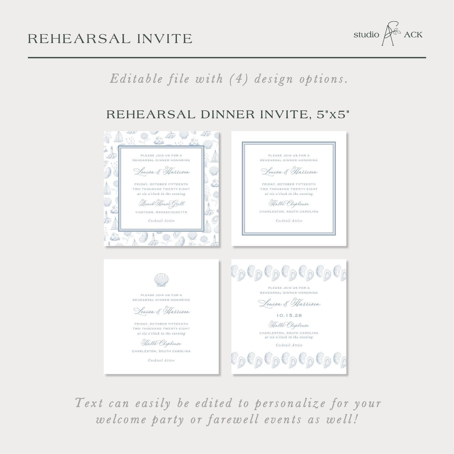 Coastal Toile Rehearsal Dinner Invitation