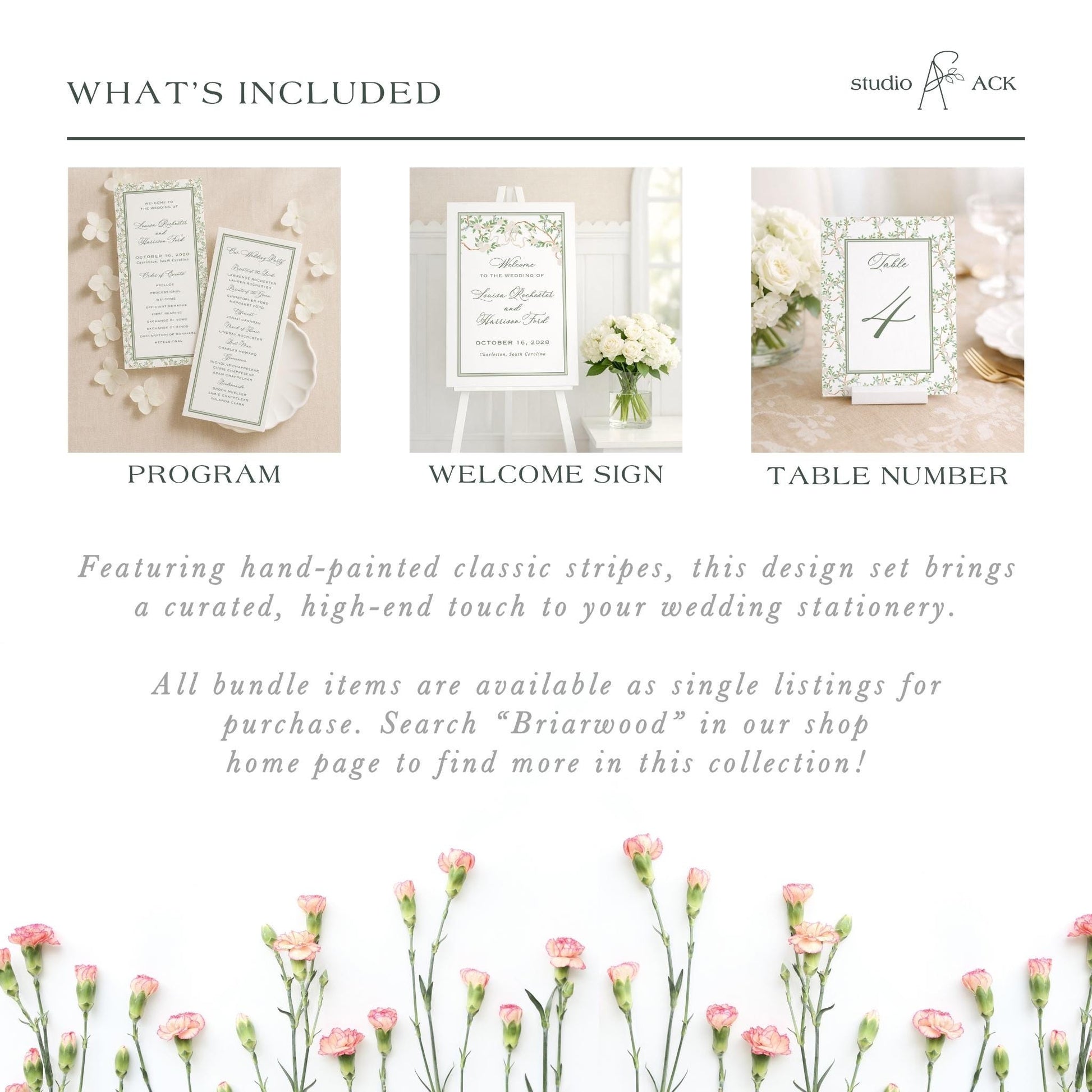 The image is a collage of three images, each depicting a different aspect of wedding stationery. The first image shows a program, the second image displays a welcome sign, and the third image shows a table number. The text in the image provides information about the items included in the bundle, stating that all bundle items are available as single listings for purchase, and that the bundle is available in the shop's home page.