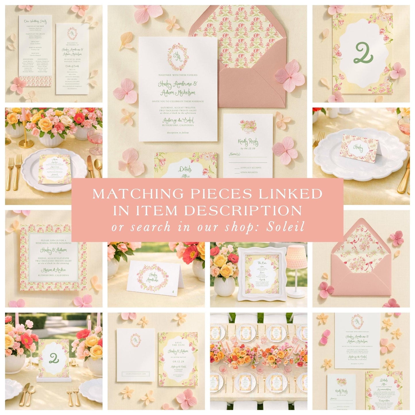 The image is a collage of various wedding-related items, including invitations, stationery, floral arrangements, and other decorative elements, all featuring a matching theme of pink and white colors.