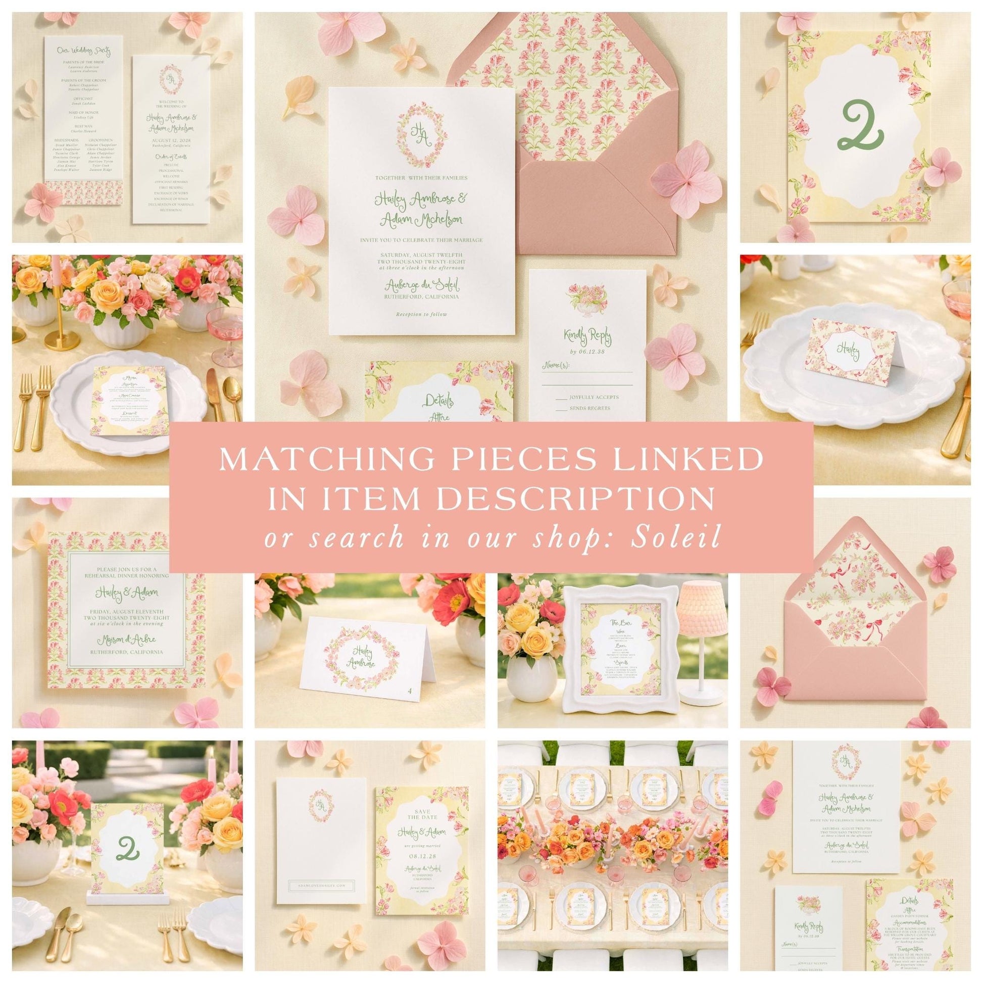 The image is a collage of various wedding-related items, including invitations, stationery, floral arrangements, and other decorative elements, all featuring a matching theme of pink and white colors.