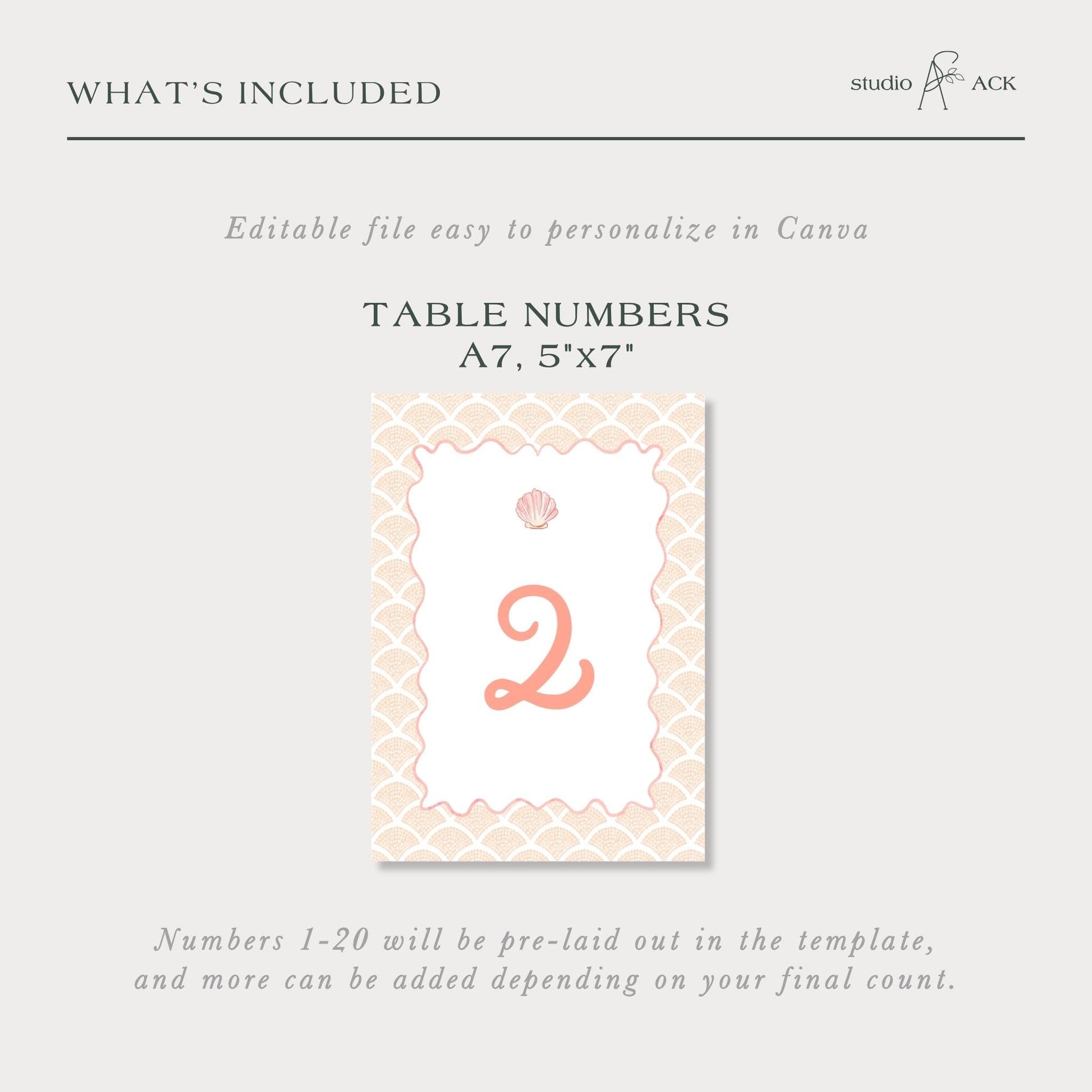 The image is a table number template that includes a table number A7, 5'x7" and instructions for customizing the template.