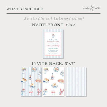 Fourth of July Birthday Invitation Template, Coastal Red White & Blue Preppy Watercolor, Summer Party Invite for Adult Birthdays, Americana