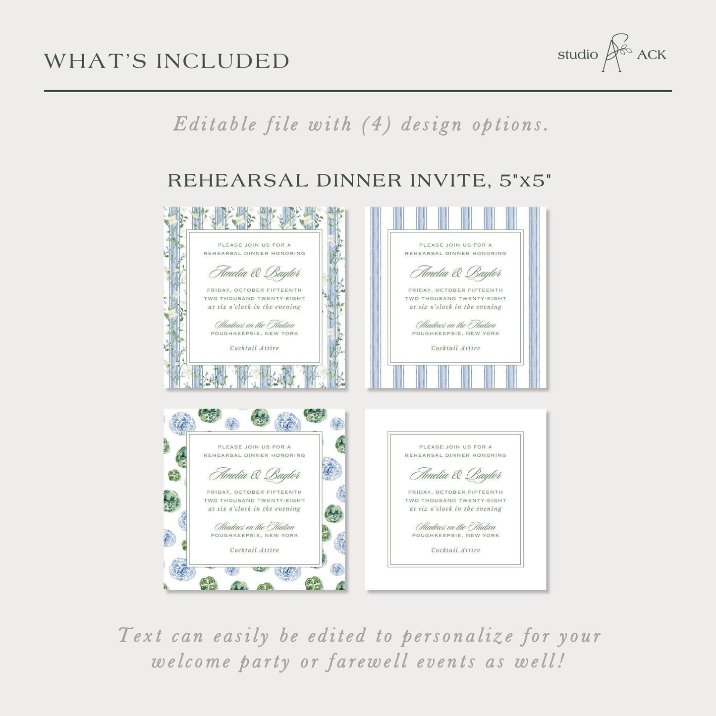 Blue, White & Green Rehearsal Dinner Invitation