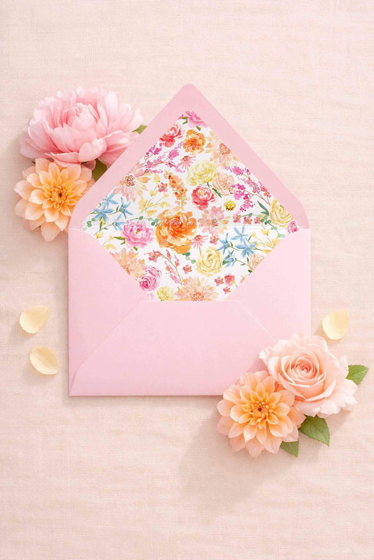 May include: A pink envelope with a floral patterned interior, surrounded by pink and orange flowers and petals. The envelope is open, revealing a colorful design of various flowers in shades of pink, orange, yellow, and blue.