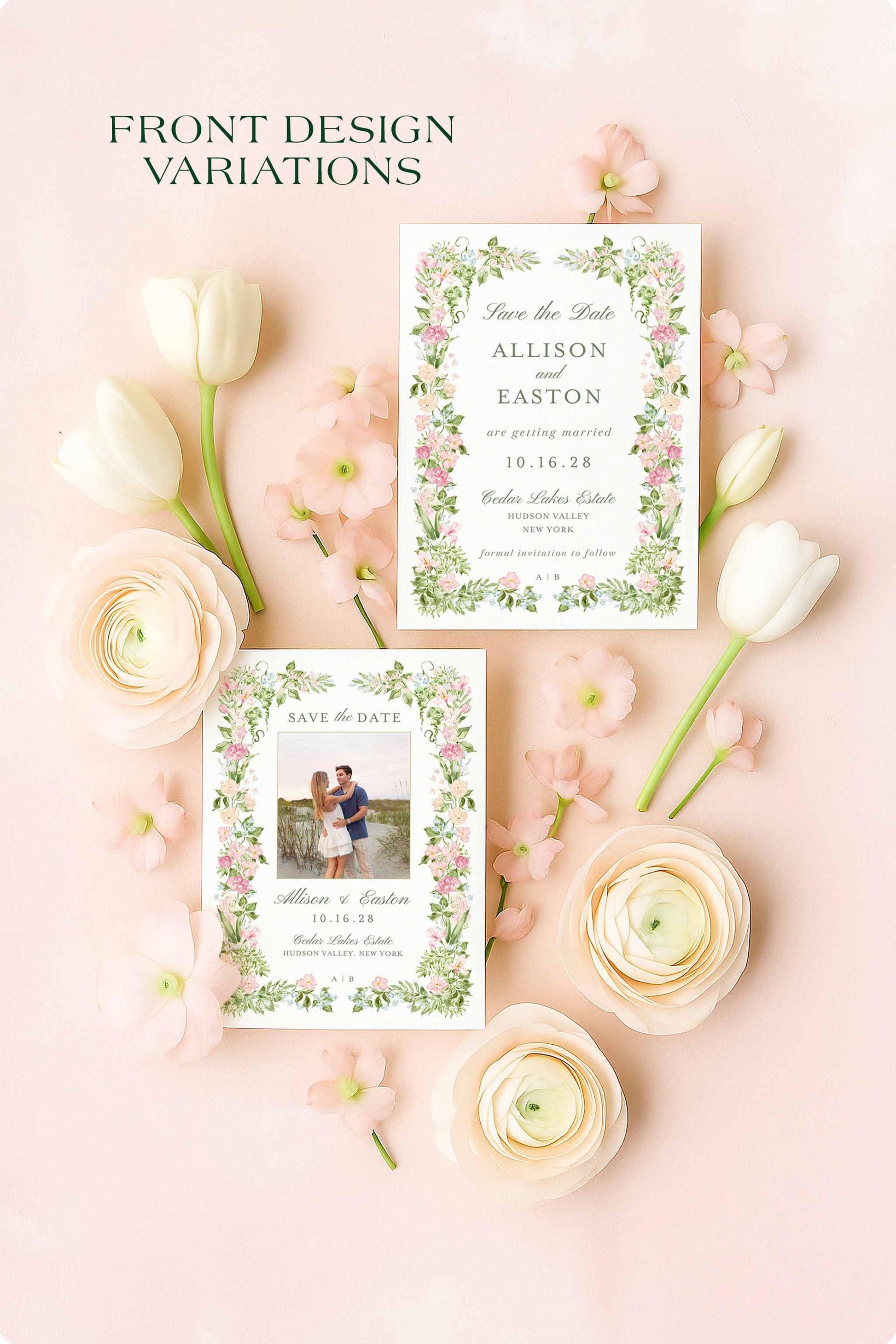 Two hand-painted watercolor Save the Date card designs on a blush surface, one photo-free and one with a photo slot, surrounded by pastel florals and tulips.