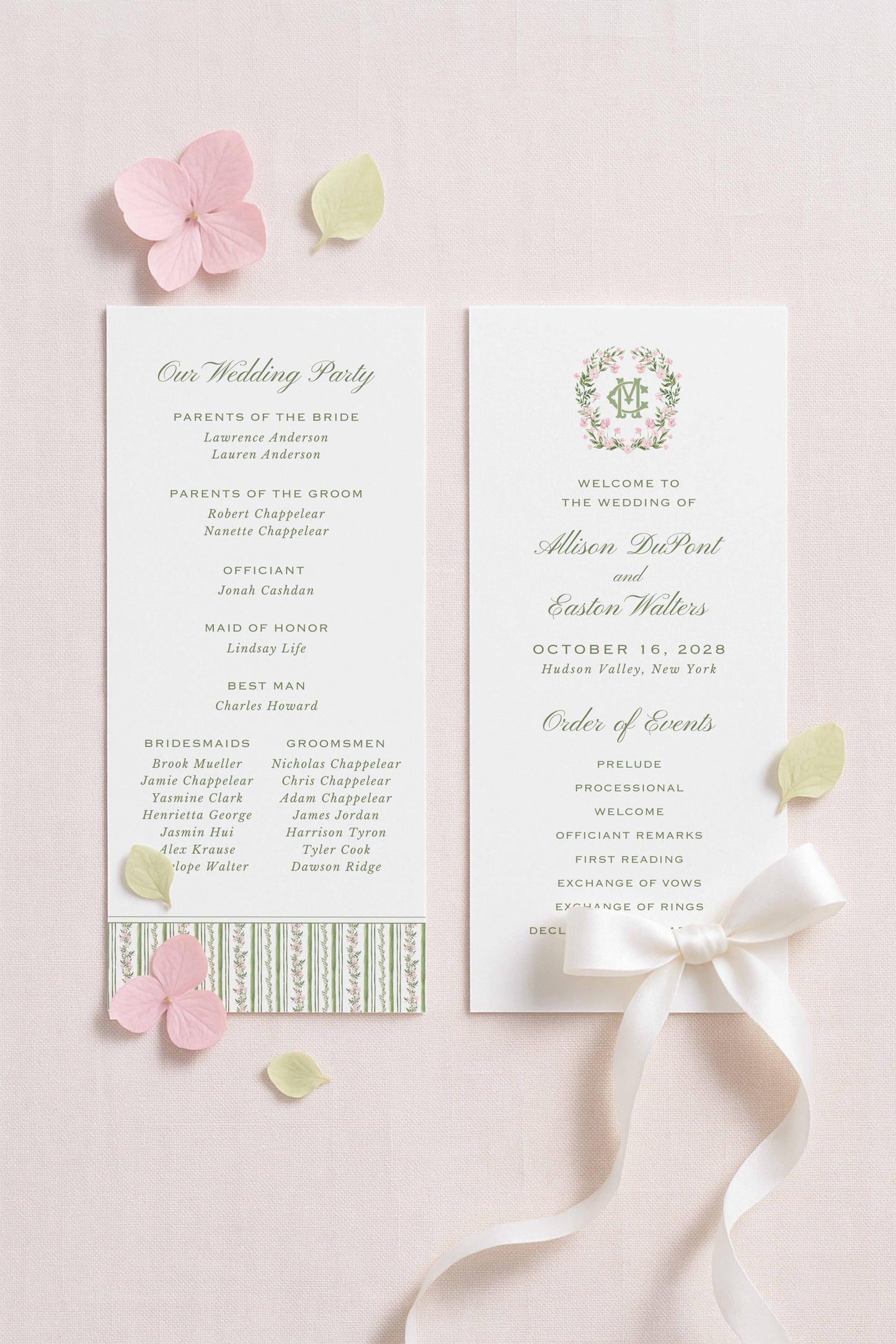 two wedding invitation cards with text and names of guests.