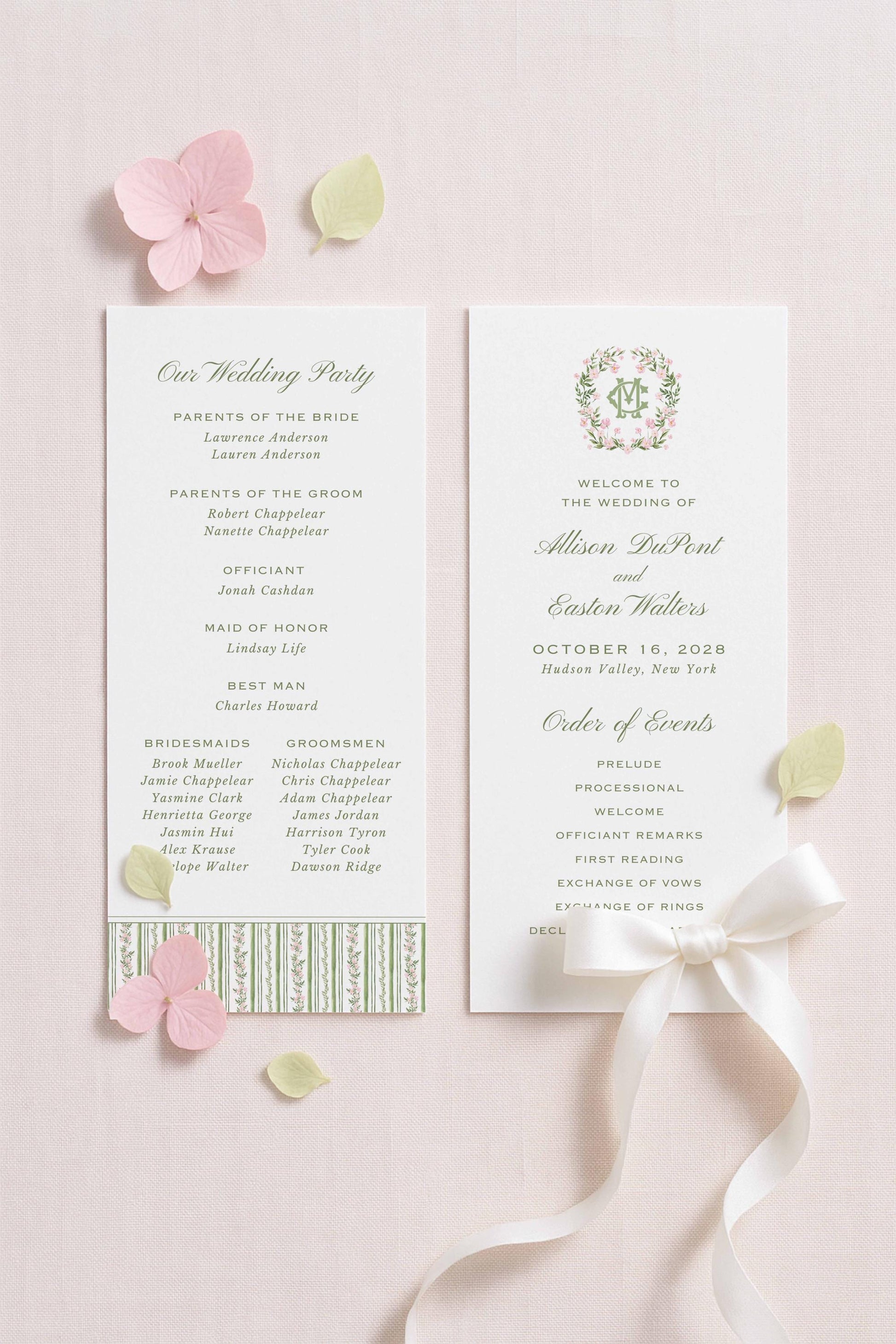 two wedding invitation cards with text and names of guests.