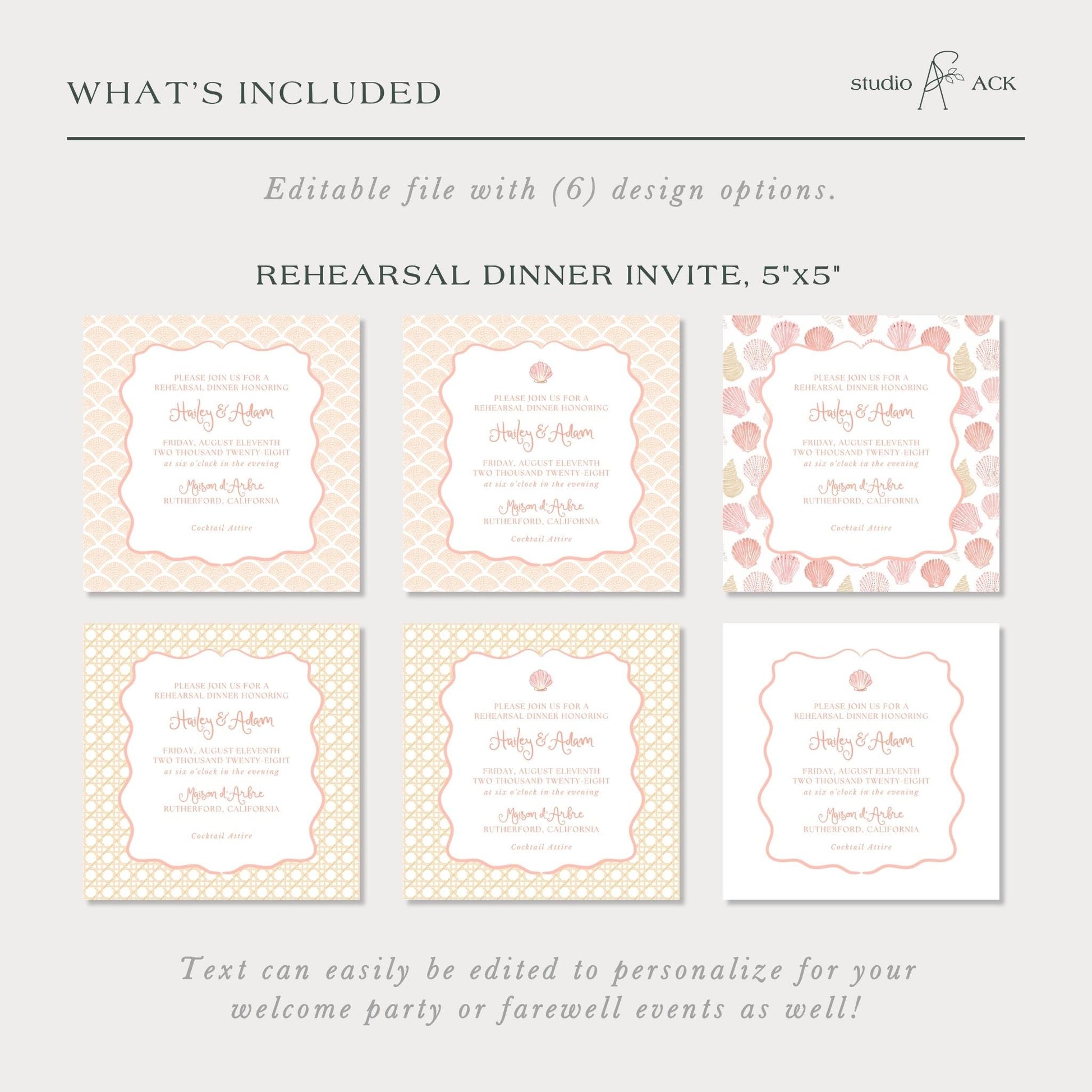 a collection of six different designs for a Rehearsal Dinner Invite, each with a unique design and color scheme. The text invites viewers to consider editing the text to personalize it for their welcome party or farewell event.
