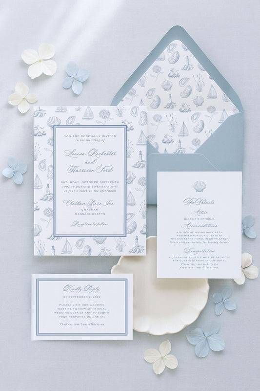 Coastal Toile Wedding Invitation Suite Template