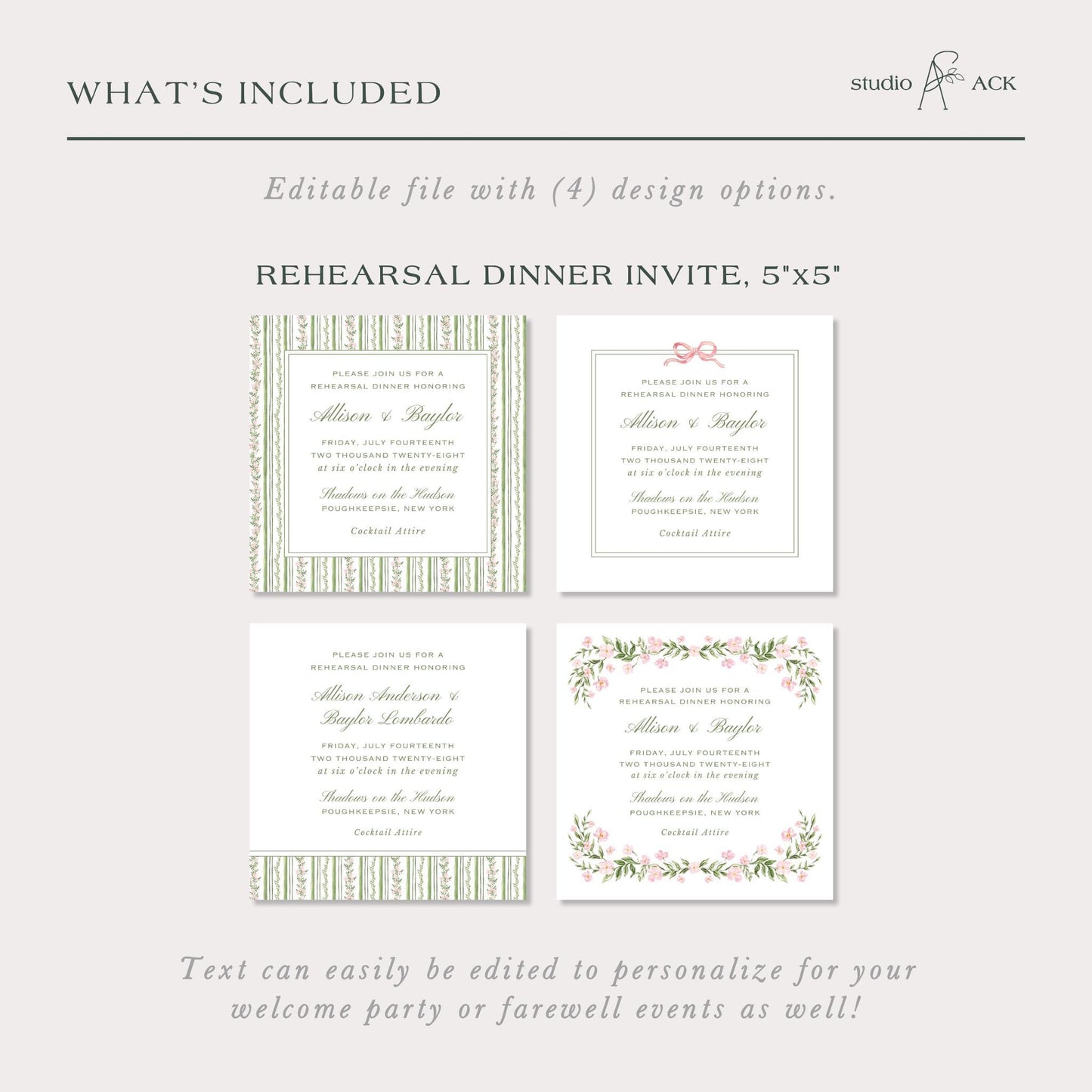 a collection of four different wedding invitations, each with unique design elements and text. The invitations are designed to be personalized for various types of events, such as a welcome party or farewell event. The text can be easily edited to create a more tailored experience for the guests.