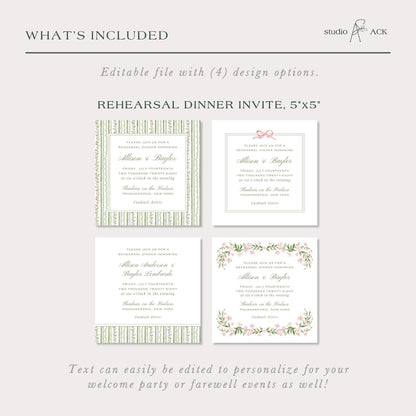 a collection of four different wedding invitations, each with unique design elements and text. The invitations are designed to be personalized for various types of events, such as a welcome party or farewell event. The text can be easily edited to create a more tailored experience for the guests.