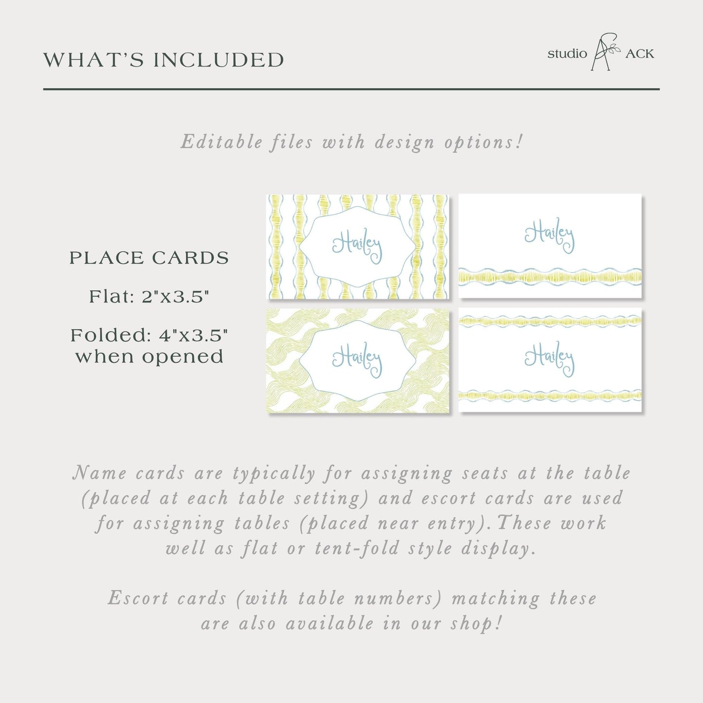 a collection of place cards and escort cards, each with different designs and table numbers. The place cards are typically used for assigning seats at the table, while escort cards are used for matching table numbers with escort cards. The image showcases a variety of designs and styles for both types of cards, which are available in the shop.