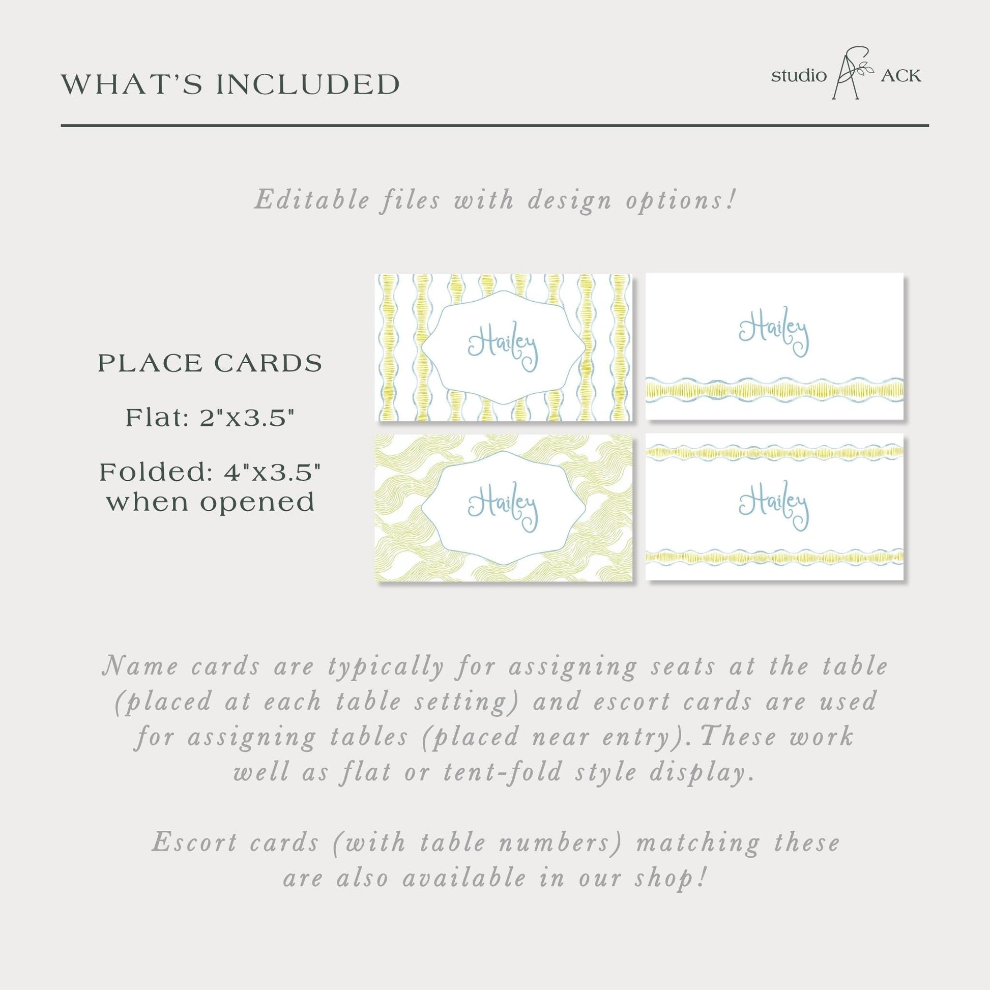 a collection of place cards and escort cards, each with different designs and table numbers. The place cards are typically used for assigning seats at the table, while escort cards are used for matching table numbers with escort cards. The image showcases a variety of designs and styles for both types of cards, which are available in the shop.