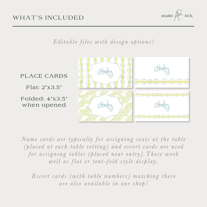 a collection of place cards and escort cards, each with different designs and table numbers. The place cards are typically used for assigning seats at the table, while escort cards are used for matching table numbers with escort cards. The image showcases a variety of designs and styles for both types of cards, which are available in the shop.