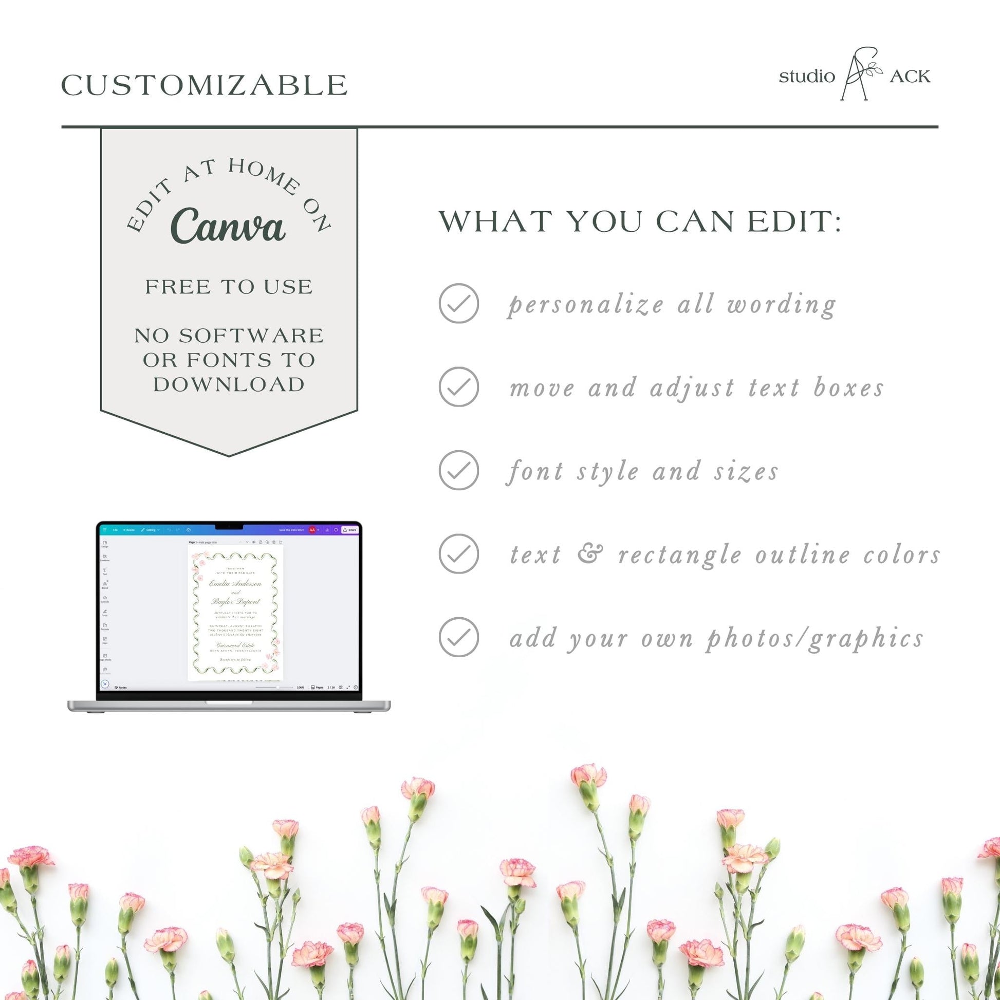 a laptop with a floral background, and there is text and graphics related to editing and customizing Canva designs.