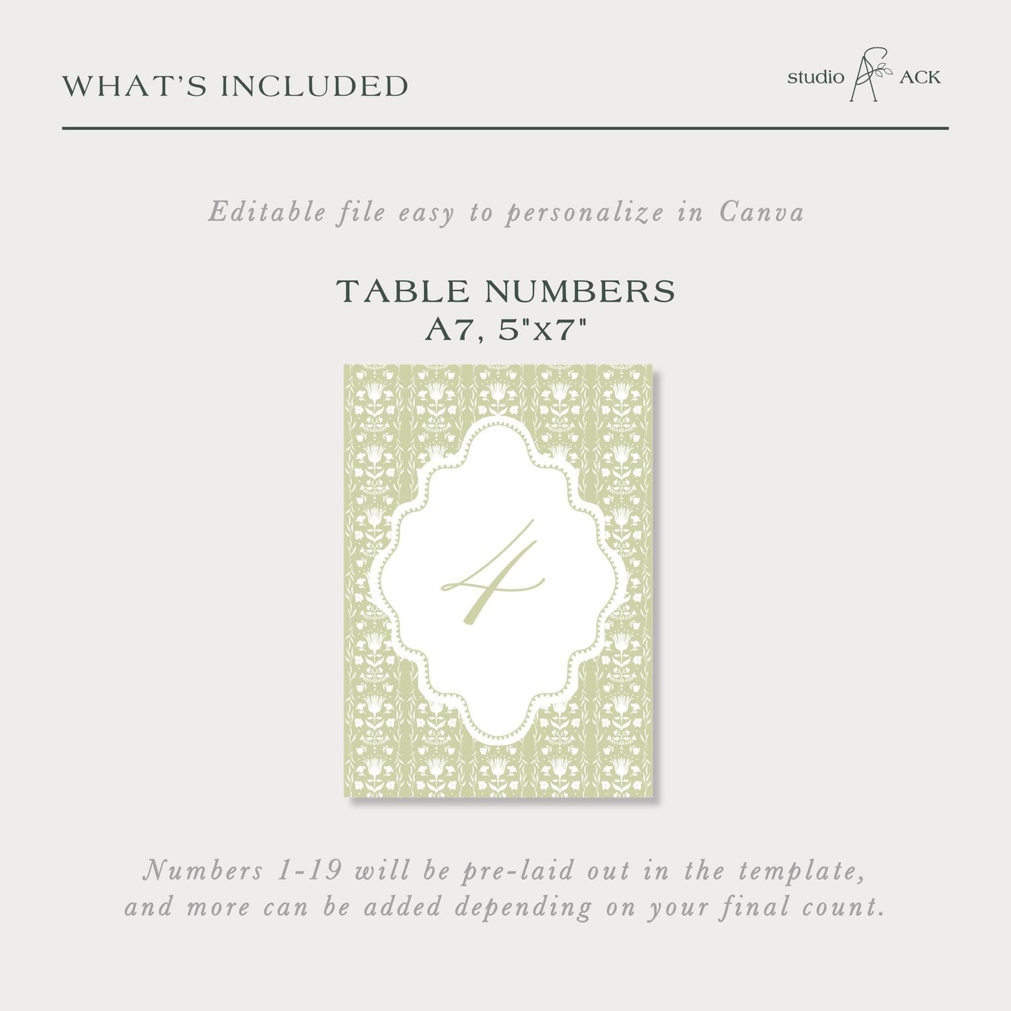The image is a page from a guide or tutorial that provides information about a customizable table number template. It includes instructions on how to format the table numbers and what additional elements can be added to the template.