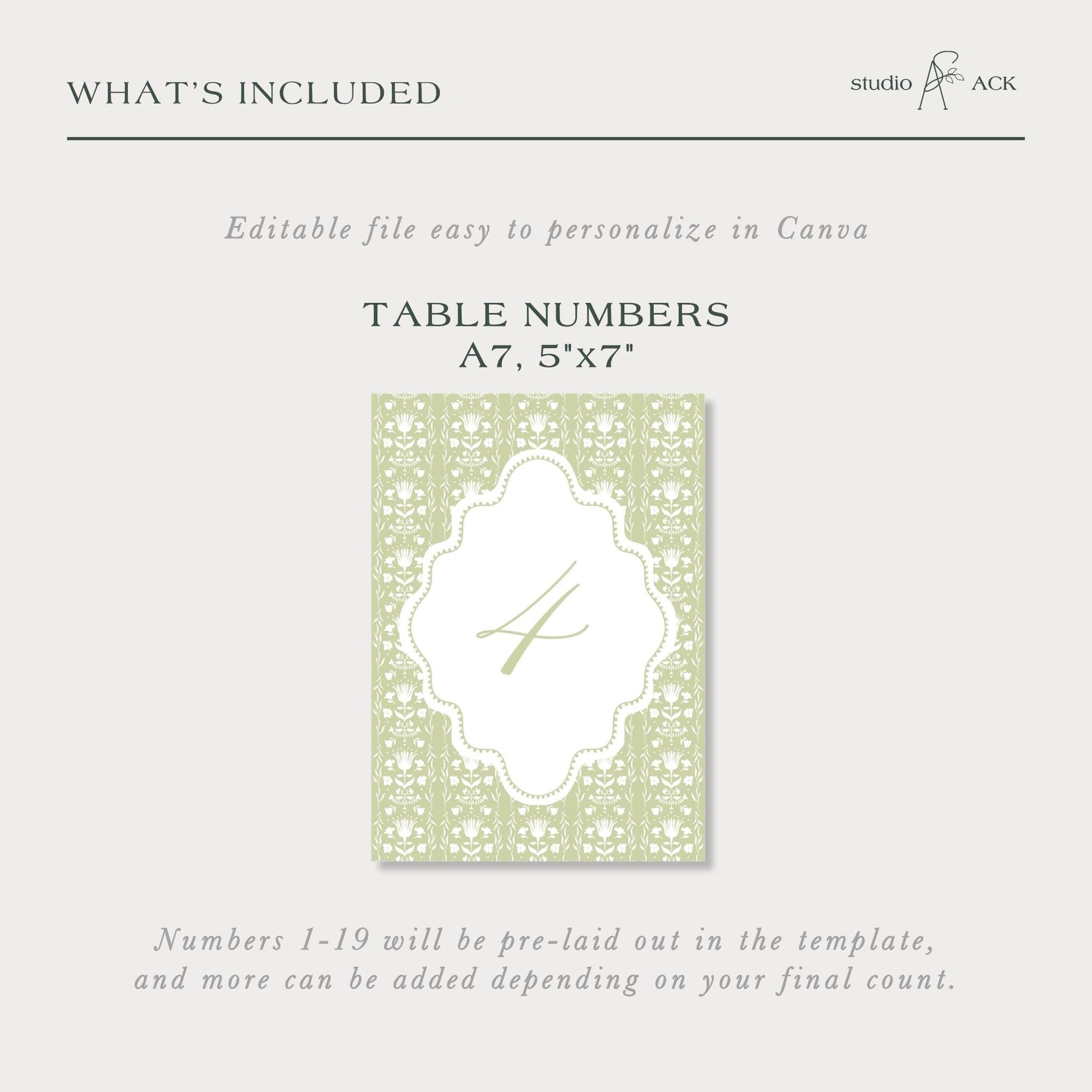 The image is a page from a guide or tutorial that provides information about a customizable table number template. It includes instructions on how to format the table numbers and what additional elements can be added to the template.