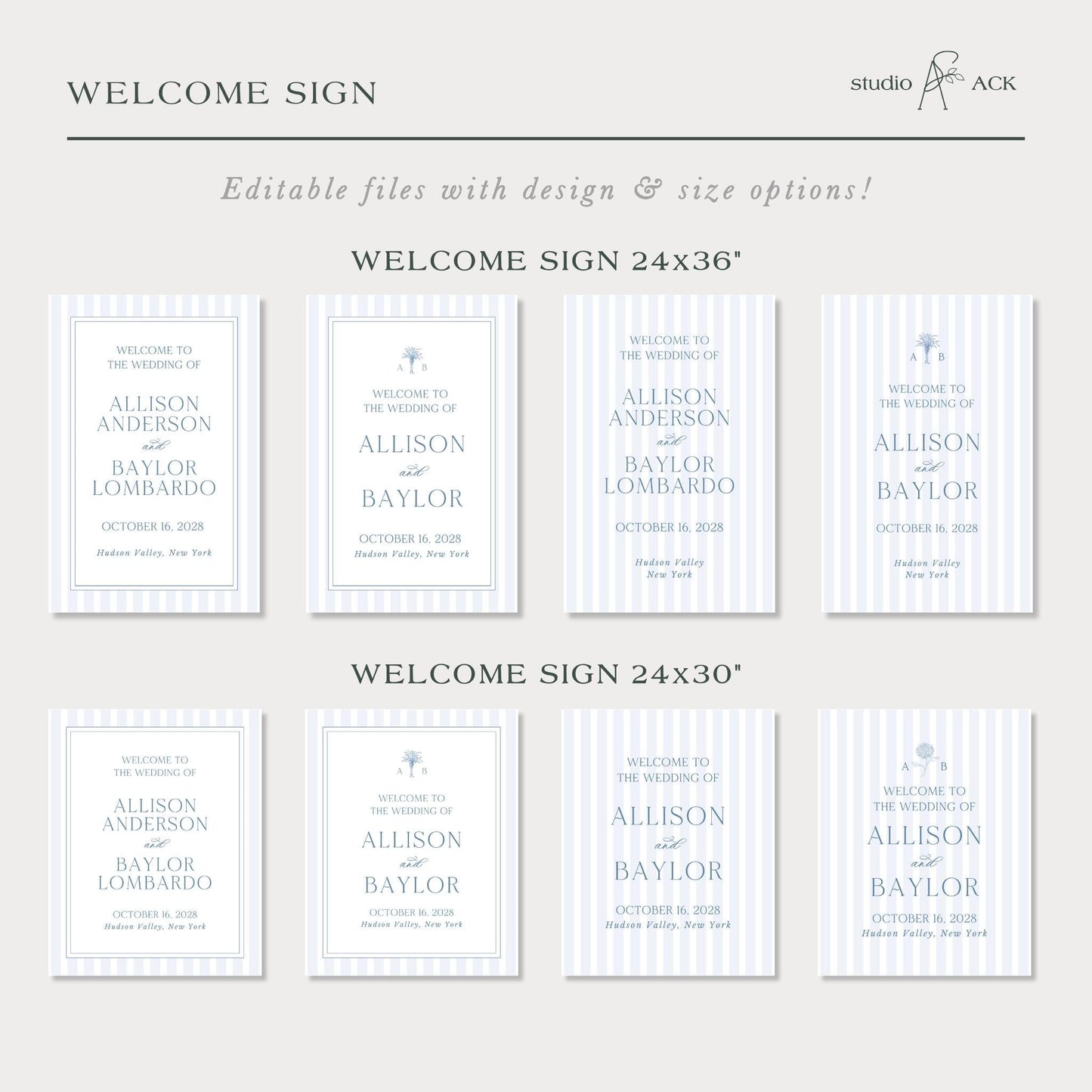 a series of identical wedding welcome cards, each with a different design and size, arranged in a grid. The cards feature the names of the bride and groom, along with the names of the wedding party and the location of the wedding. The cards are designed to be used as invitations or announcements for the wedding ceremony.
