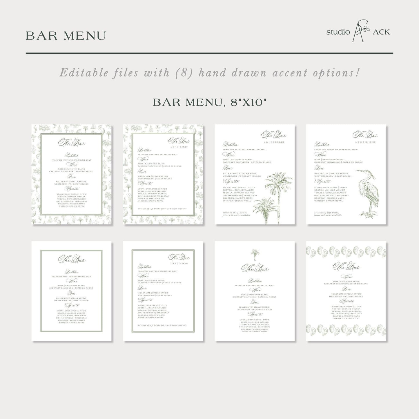 Southern Toile Wedding Bar Menu Template