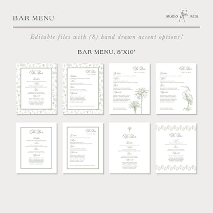 Southern Toile Wedding Bar Menu Template