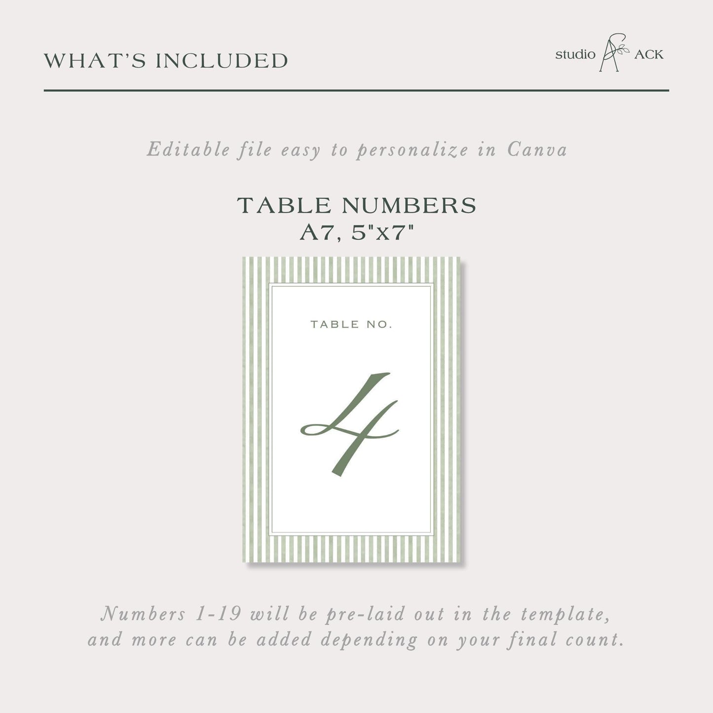 Green Striped Wedding Table Number Template