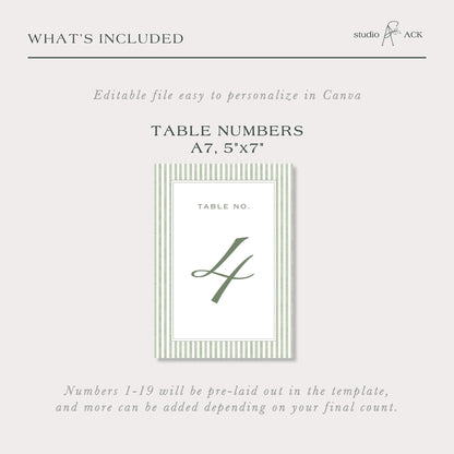 Green Striped Wedding Table Number Template
