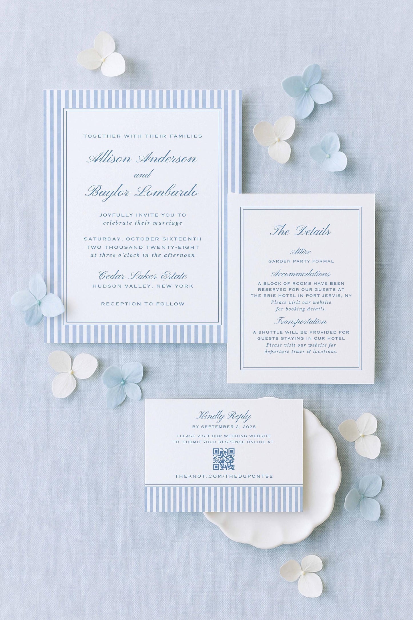Blue Striped Wedding Invitation Suite Template