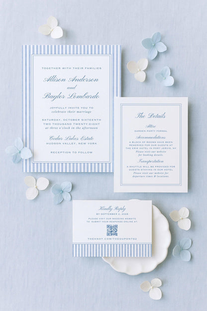 Blue Striped Wedding Invitation Suite Template