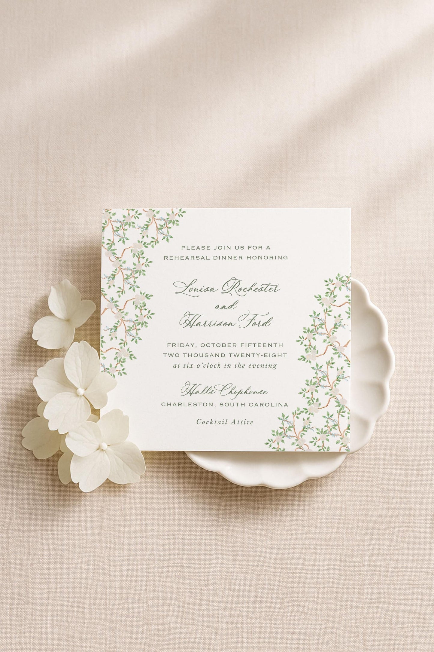 Neutral Chinoiserie Rehearsal Dinner Invitation