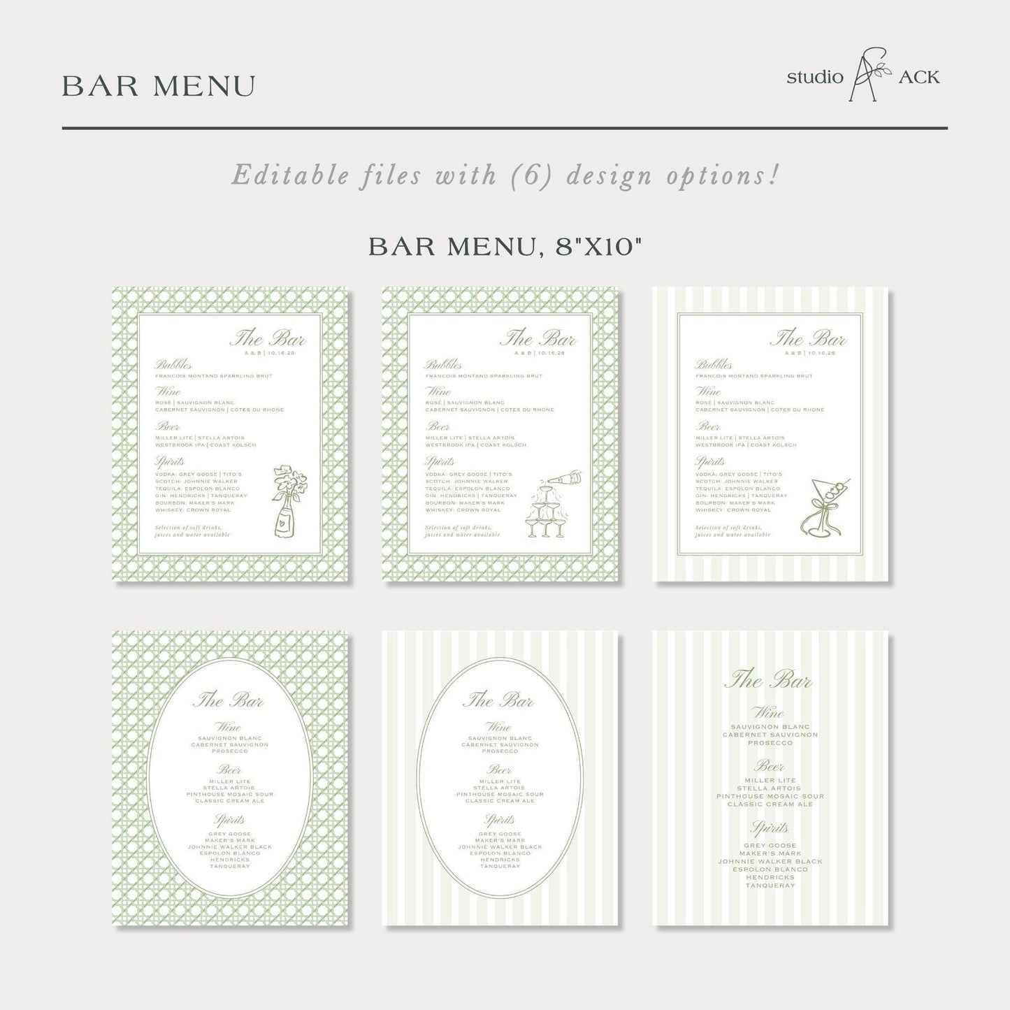 Green Rattan Wedding Bar Menu Template